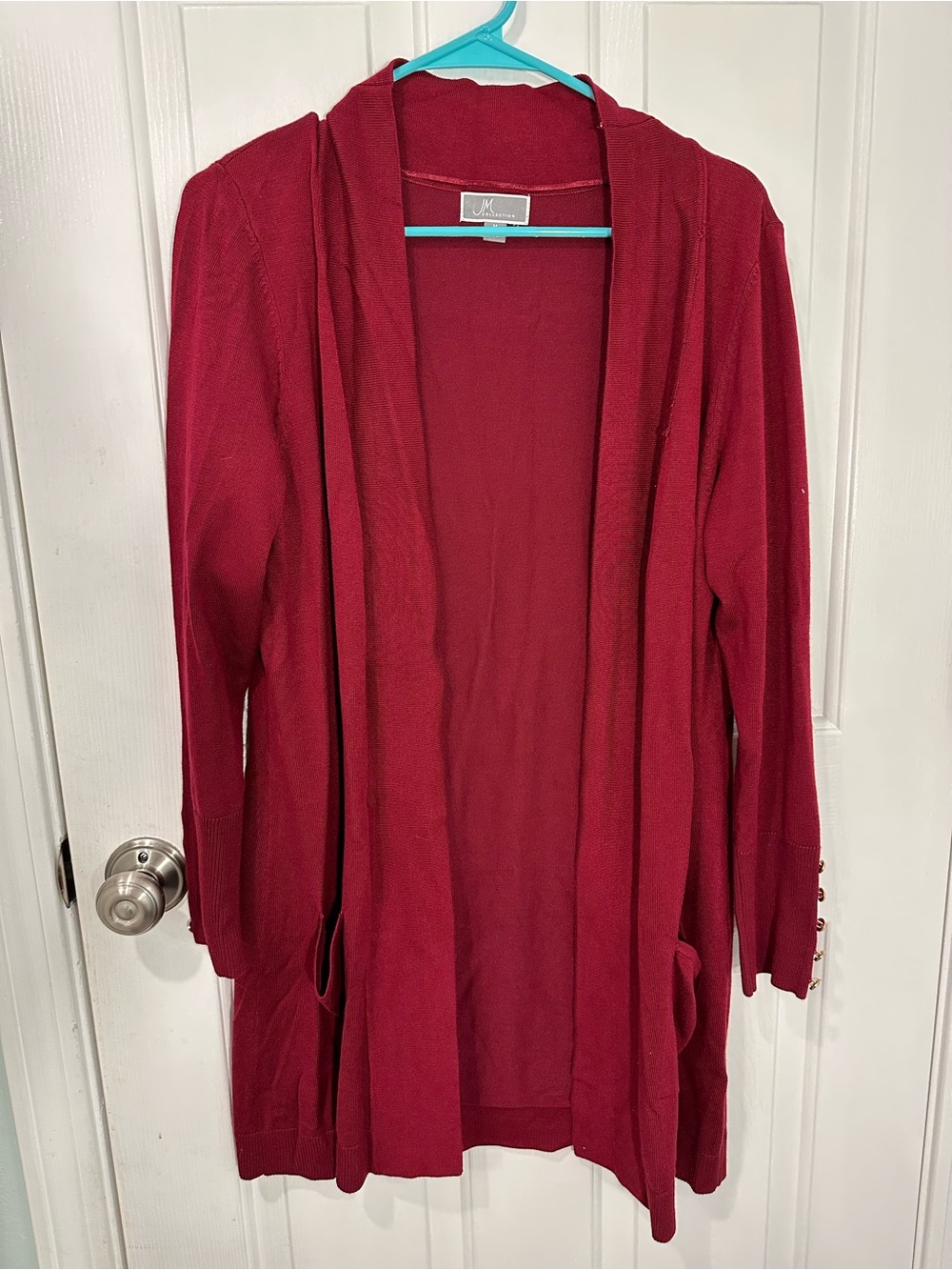 JM Collection Open-Front Hooded Cardigan in Deep Red